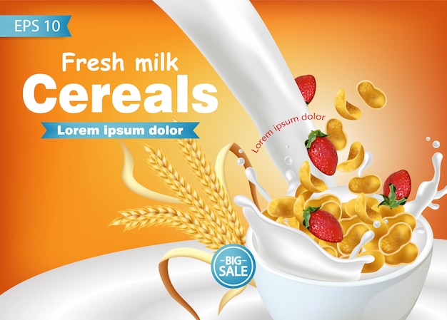 Download Cornflakes in milk splash realistic mockup | Premium Vector