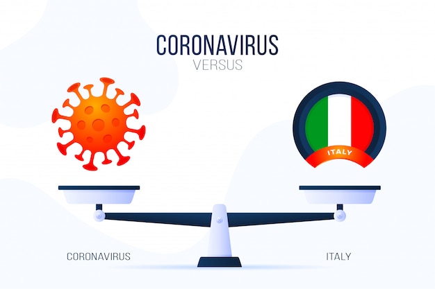 プレミアムベクター コロナウイルスやイタリアのイラスト スケールと対の創造的なコンセプトは スケールの片側にウイルスcovid 19があり もう一方のイタリアの旗のアイコンにあります フラットの図