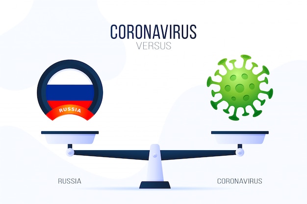 コロナウイルスやロシアのイラスト スケールおよび対の創造的な概念 スケールの片側にはウイルスcovid 19があり もう一方にはロシアの旗のアイコンがあります フラットの図 プレミアムベクター