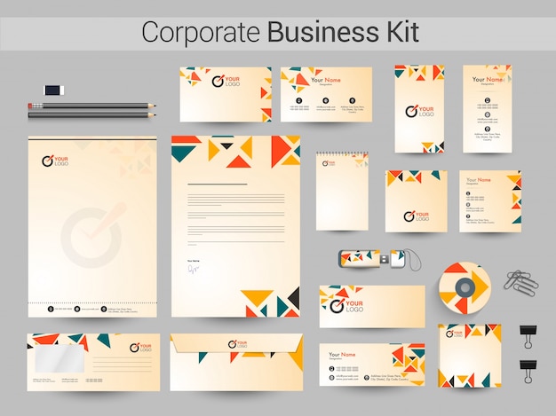 Corporate business kit with colorful triangles. Premium Vector