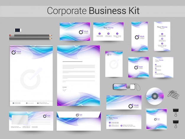 Corporate business kit with flowing waves. Premium Vector