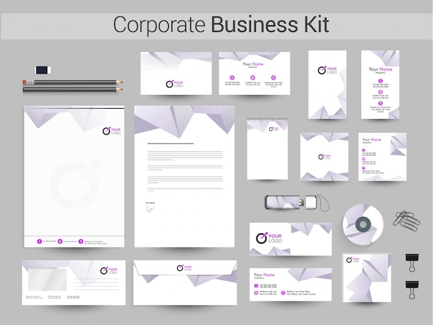 Corporate business kit with polygonal element. Premium Vector