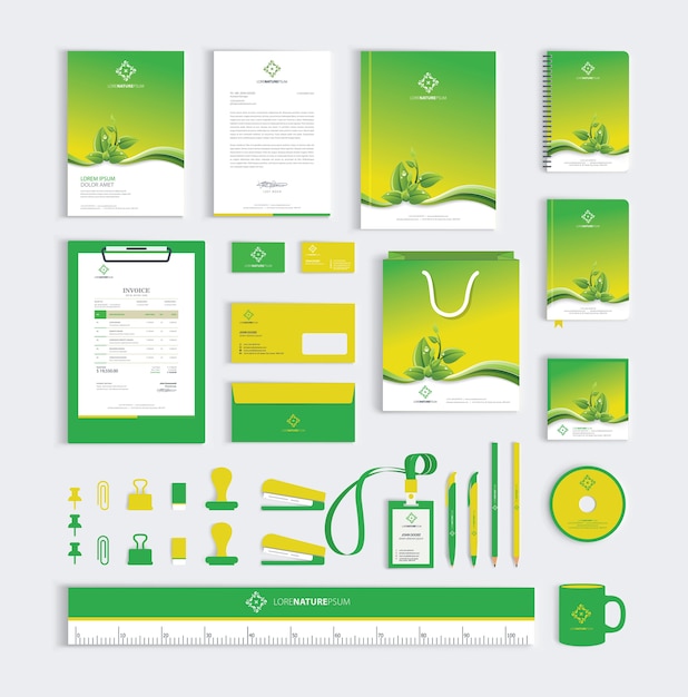 Corporate identity design template with green leafs Premium Vector