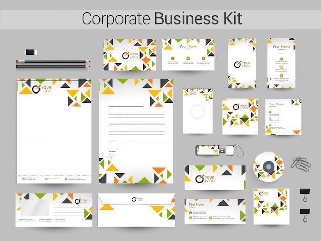 Corporate identity kit with colorful triangles. Premium Vector