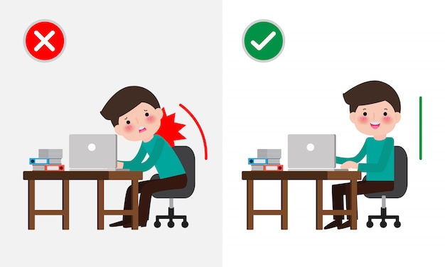 Correct sitting posture and incorrect. disease back pain. medical healthcare . office syndrome, businessman cartoon   illustration. Premium Vector