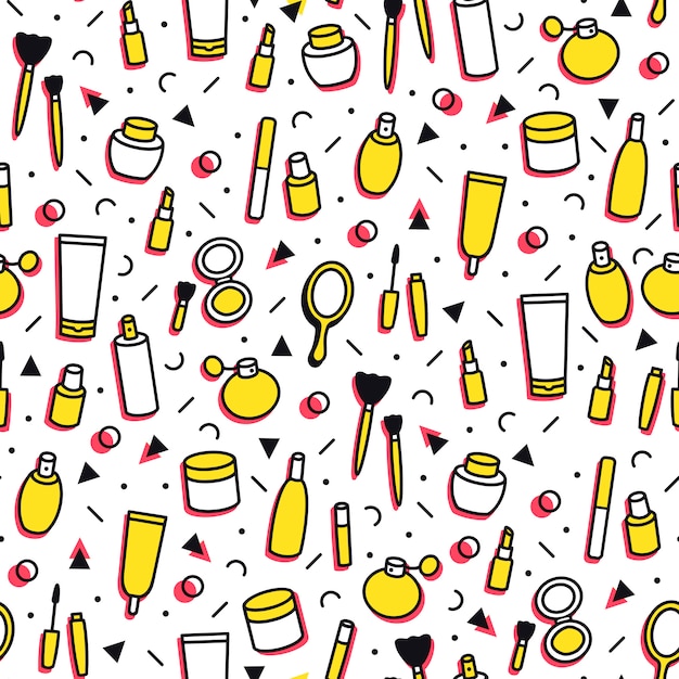 Premium Vector Cosmetic Products Seamless Pattern Cartoon Make Up Background Lipstick Mascara Perfume Eyeshadows Makeup And Beauty Care Template For Shops In Line Style Beauty Illustration Fashion