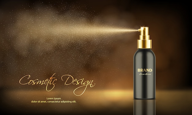 Cosmetics product advertising poster template. luxury spray bottle, deodorant or freshener with mist