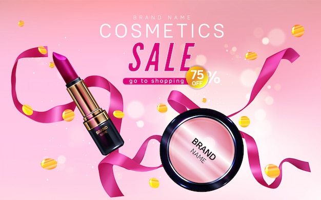 Free Vector | Cosmetics sale banner with lipstick, blush make up