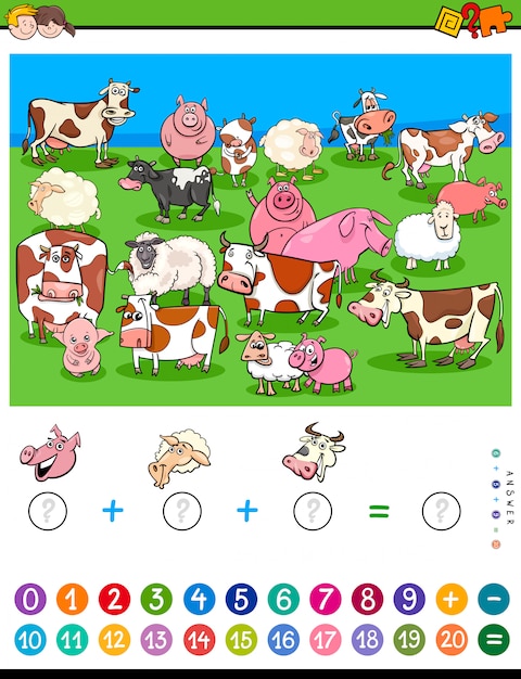 Premium Vector | Count and add game for kids with farm animals