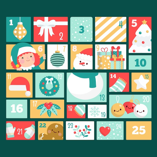 フラットなデザインのクリスマスの日のカウントダウンカレンダー 無料のベクター