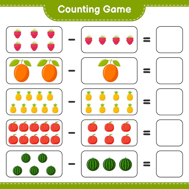 Premium Vector | Counting game, count the number of fruits and write ...