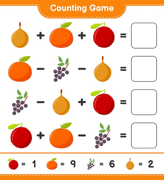 Premium Vector | Counting game, count the number of fruits and write ...