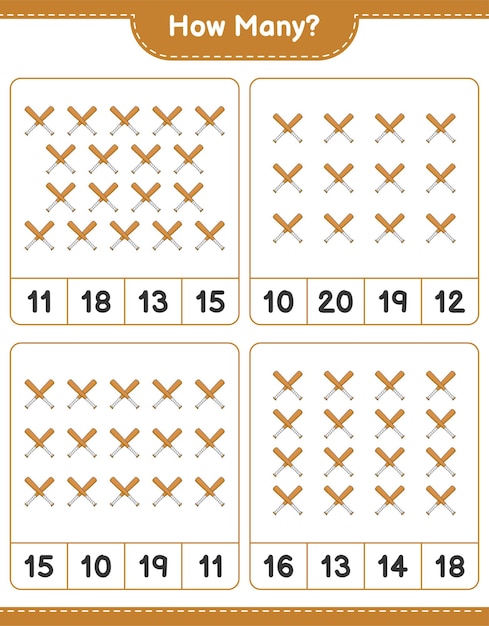 Premium Vector | Counting Game How Many Baseball Bat Educational Children Game Printable Worksheet