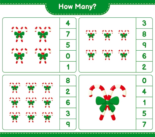 Premium Vector | Counting game, how many candy canes with ribbon