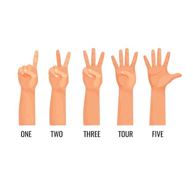 手を数えると数字が表示され 1 2 3 4 5を数えます 指のアイコンを示す手 非言語言語の助けを借りて数える人 プレミアムベクター