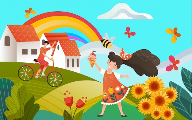 国の夏の思い出 田園風景 アイスクリームと自転車 虹の田舎のイラストの男の子と子供女の子 プレミアムベクター