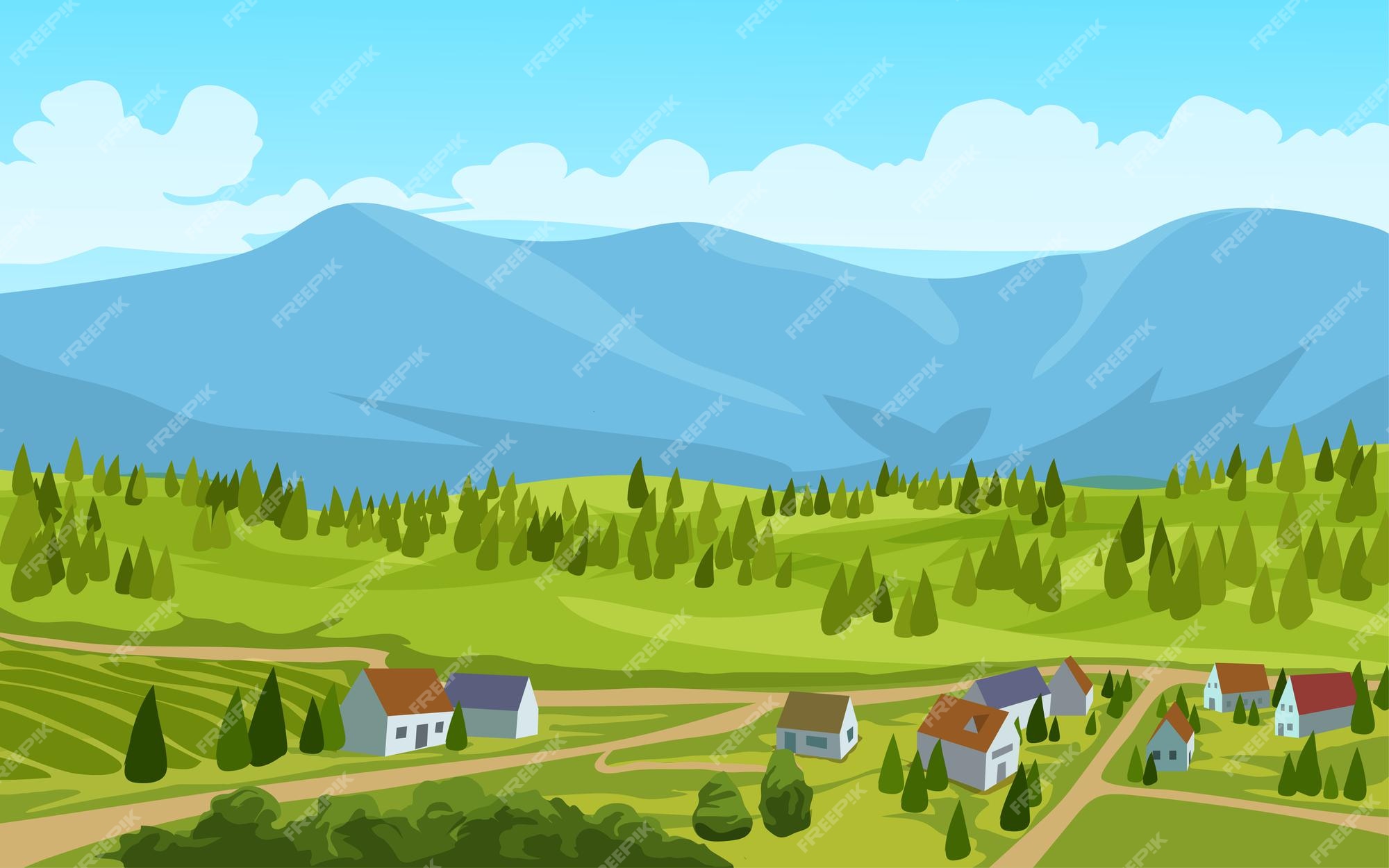 Premium Vector | Countryside landscape with houses and mountain