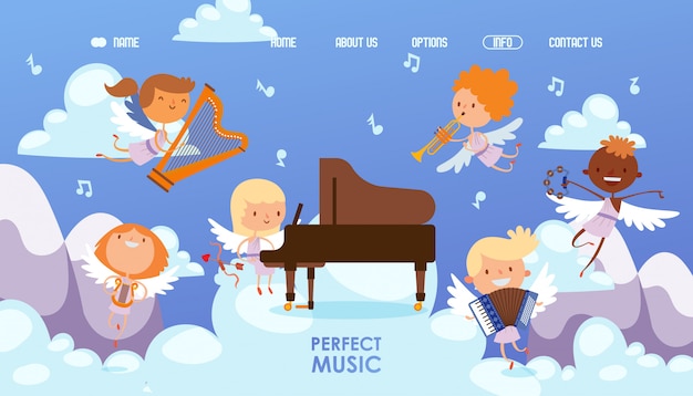 クピドーネの子供たちは完璧な音楽イラストを演奏します 男の子と女の子のキャラクターがピアノ ハープ タンバリン トランペット アコーディオンを演奏 プレミアムベクター
