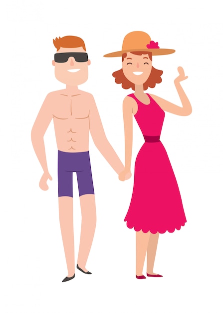 Couple beach man and woman cartoon illustration. | Premium Vector