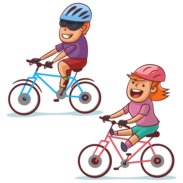 カップルの自転車に乗る 幸せな男の子と女の子のサイクリング 健康的なライフスタイルと自転車スポーツ 白い背景で隔離の漫画イラスト プレミアムベクター