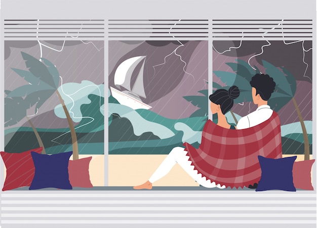 カップルの文字 男性 女性の嵐の自然災害 高波フラットイラストを見て 水の大変動 危険な海 プレミアムベクター