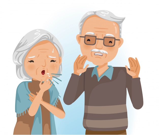 Premium Vector | Couple elderly. aged woman coughing near his wife ...