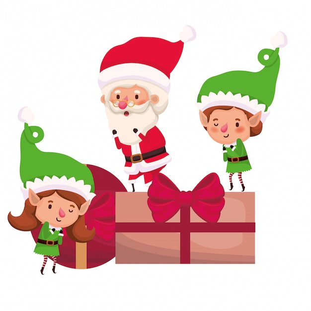 Premium Vector | Couple of elves and santa claus with gifts boxs