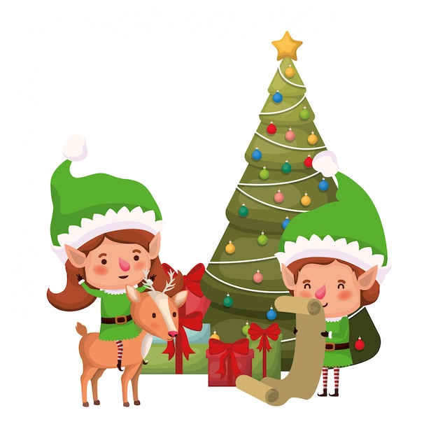 Premium Vector | Couple of elves with christmas tree