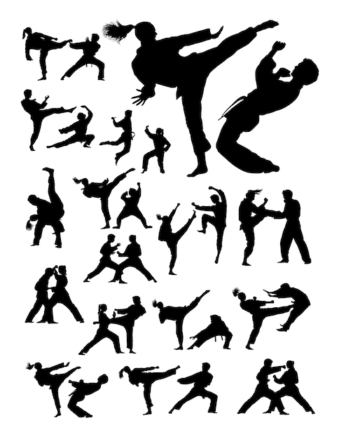 Download Couple exercising karate silhouette Vector | Premium Download