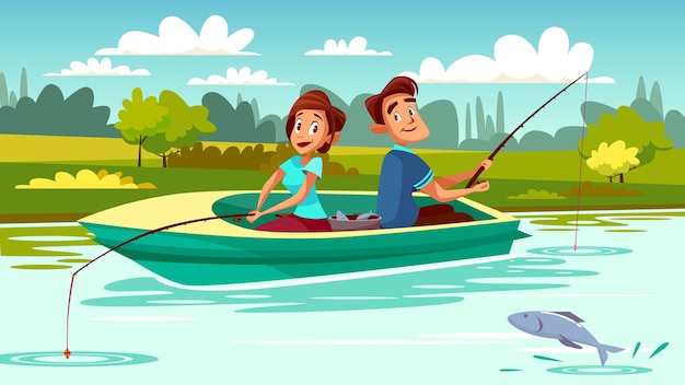 Couple fishing illustration of young man and woman in boat with rods on lake Free Vector