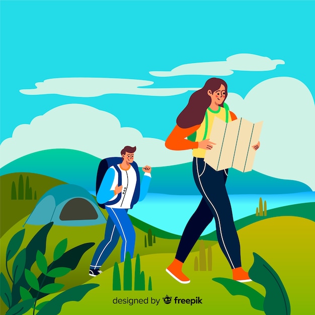 Couple Hiking In The Countryside Vector Free Download 