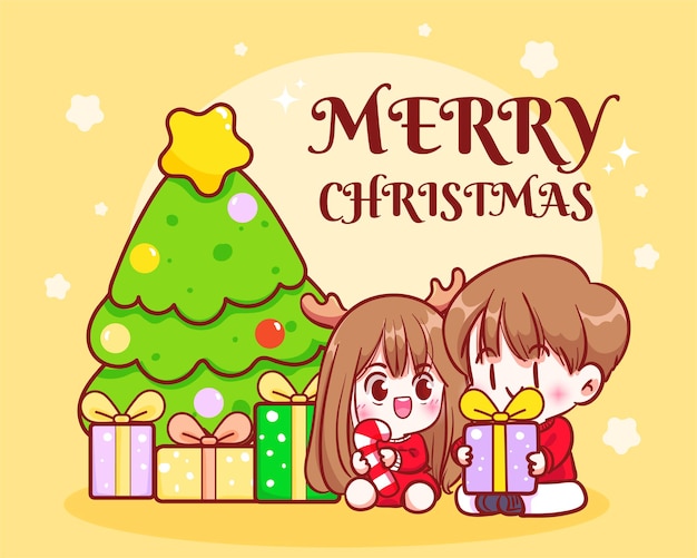 クリスマスプレゼント休日のお祝い手描き漫画アートイラストを保持しているカップル プレミアムベクター