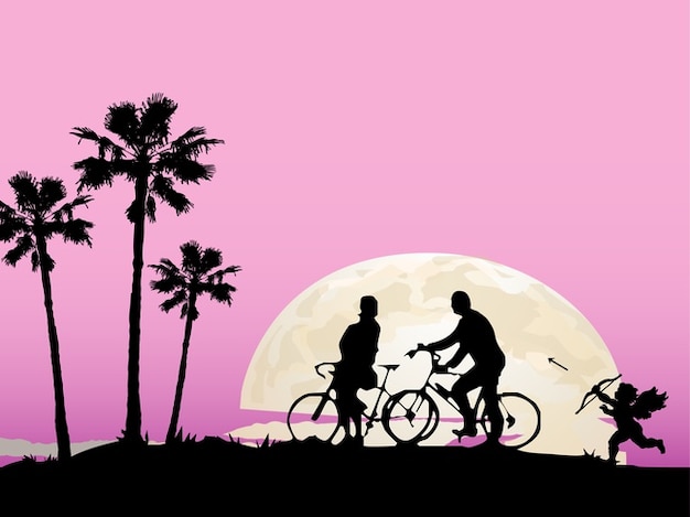 Couple in bikes romantic landscape