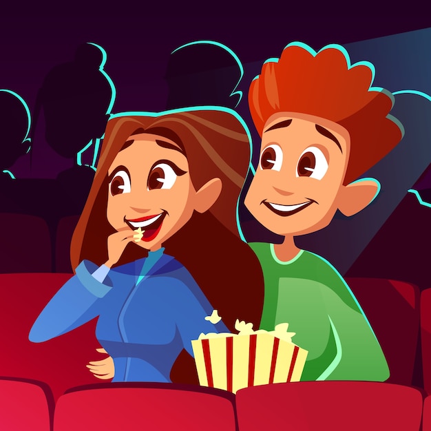シネマのカップル若い男の子と一緒に映画を見ている少女のイラスト 無料のベクター