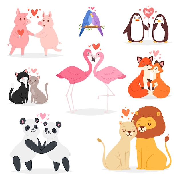 愛動物愛好家のキャラクターパンダやバレンタインデーの愛する日に猫と愛する鳥のイラストにキスをするフラミンゴのカップルの心白の背景に素敵なセット プレミアムベクター