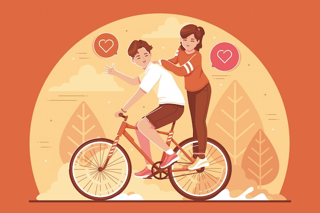 自転車のイラストに乗って愛のカップル プレミアムベクター