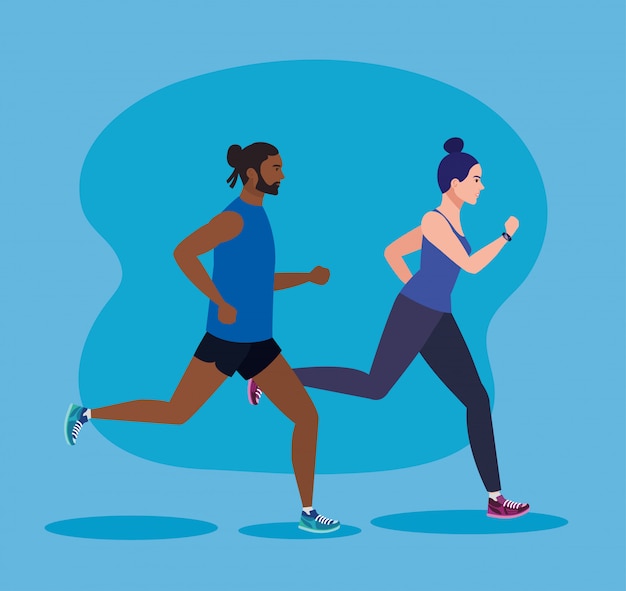 ジョギングカップル ジョギングをする女性と男性 イラストデザインをジョギングスポーツウェアのカップル プレミアムベクター