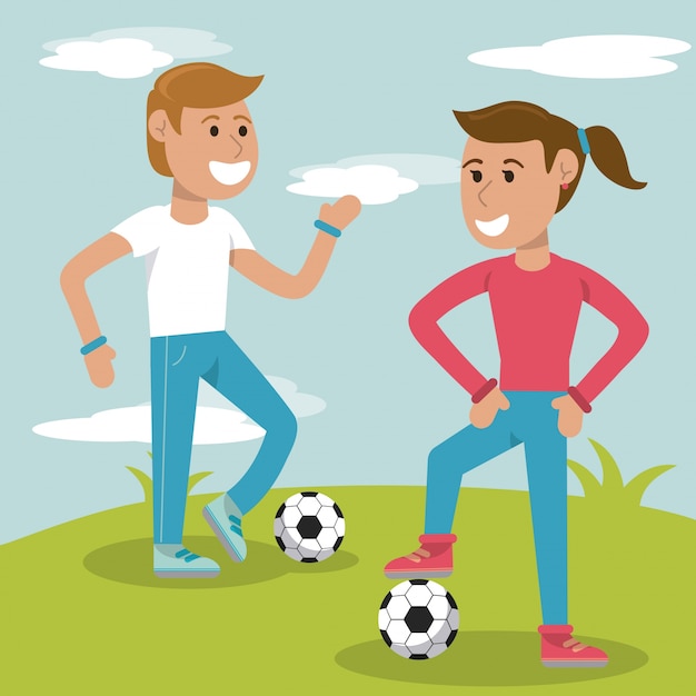 Premium Vector | Couple kids practicing soccer sport