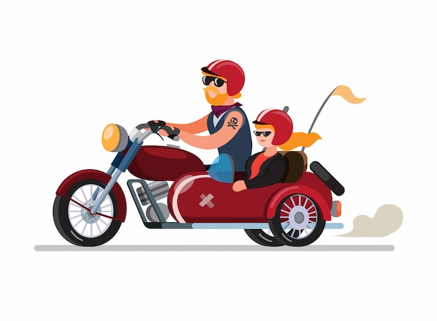 カップルの男と女が分離された漫画フラットイラストベクトルでサイドカーまたはsespan変更でバイクに乗って プレミアムベクター