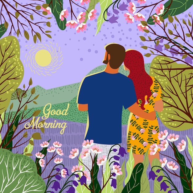 Premium Vector Couple Meets New Day Sunrise Hills Flowers Trees Natural Landscape In A Trendy Flat Cute Style Illustration