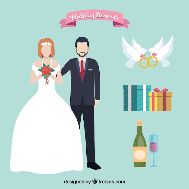 Couple Of Bride And Groom With Wedding Elements Vector 