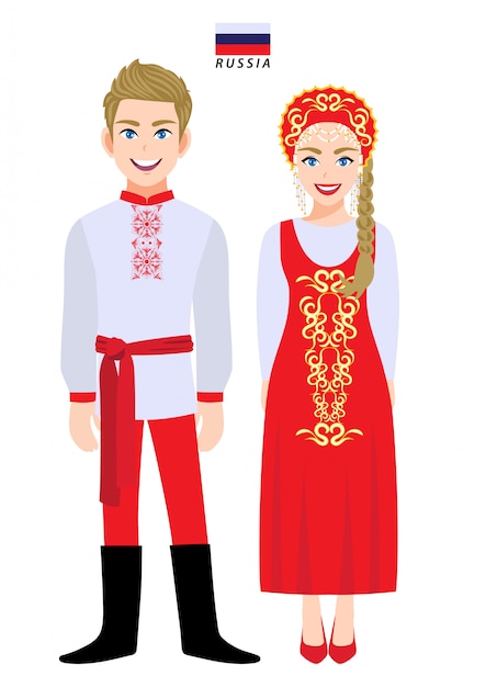プレミアムベクター ロシアの伝統的な衣装の漫画のキャラクターのカップル