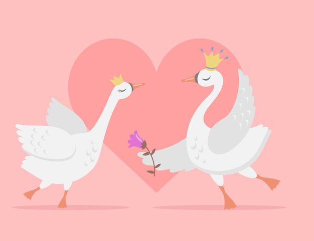 愛の漫画イラストの白い白鳥のカップル ハートの冠をかぶったかわいい鳥の王女と王子 プレミアムベクター