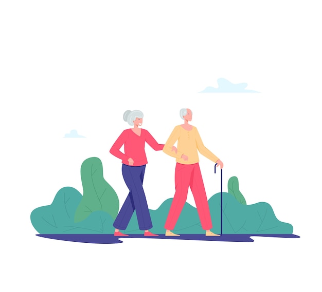 屋外を歩く老人をカップルします 老人と公園を歩いている女性 レクリエーションとレジャーの退職者の活動の概念 高齢者 フラットスタイルのイラスト プレミアムベクター