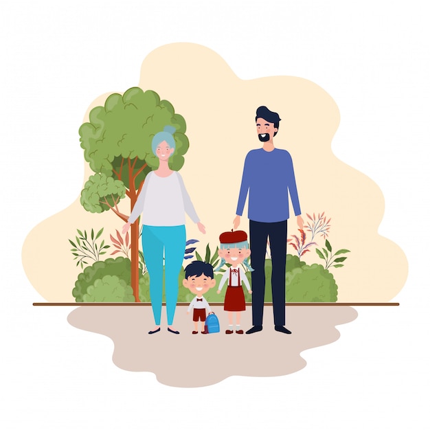 Couple of parents with children in landscape Premium Vector