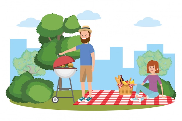 Premium Vector | Couple and picnic cartoons