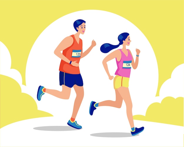 カップルランニング 健康志向のコンセプト スポーティな女性と男性のジョギング ランナーのイラスト 無料のベクター