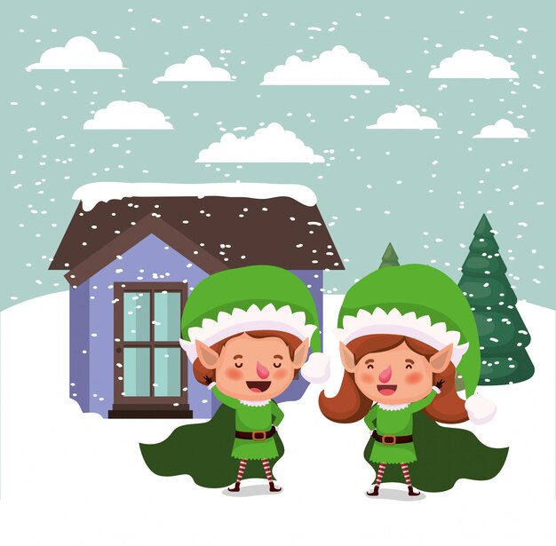 Premium Vector Couple Santa Helpers In Snowscape 3123