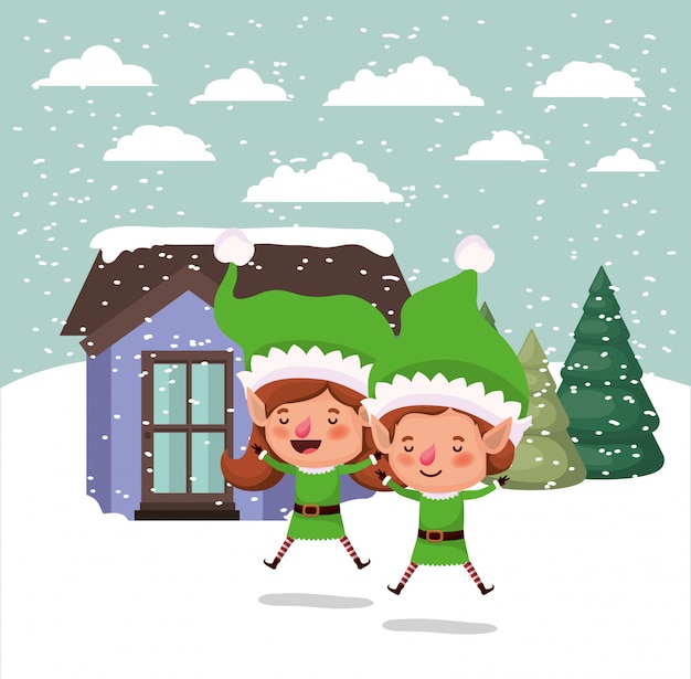 Premium Vector Couple Santa Helpers In Snowscape 2708