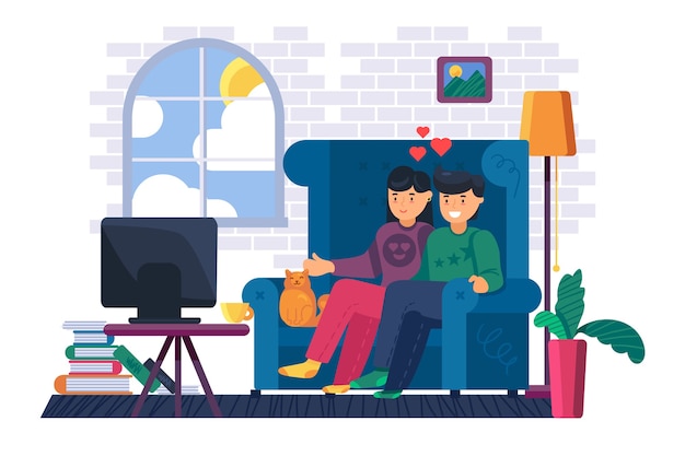 ソファに座っているカップルは自宅でテレビを見ます 映画やテレビ番組を一緒に見ている若い男性と女性 国内のライフスタイルと家にいるコンセプト 漫画イラスト プレミアムベクター